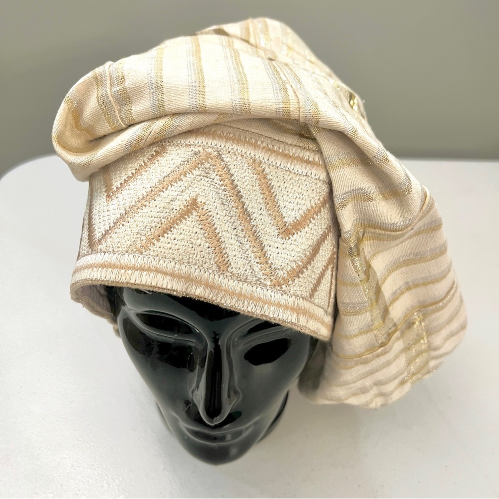 African Long Fila Hat - Metallic Gold and Cream